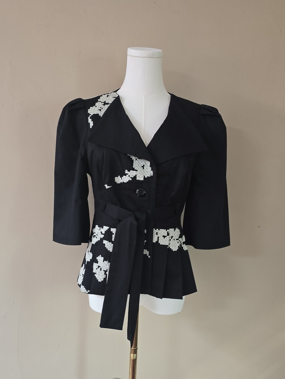 elevenses Black Jacket with White Floral Cross-Stitch Accents and Waist Tie